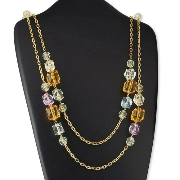 Super Long Chunky Gold Chain Amber Clear Faceted Acrylic Beads Necklace - Picture 1 of 3